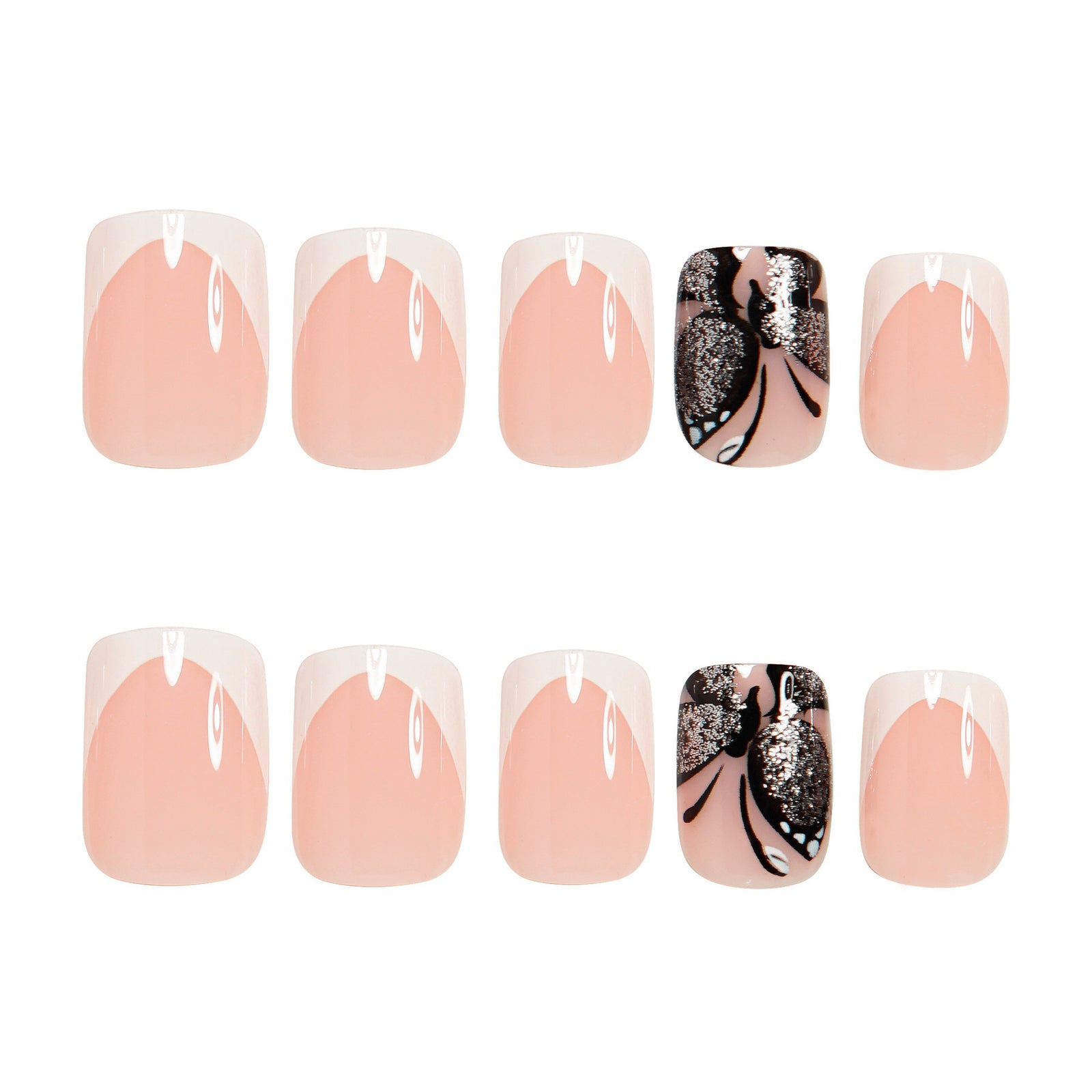 24pcs/Set French Tip with Line Art & Butterflies Press-On Nails