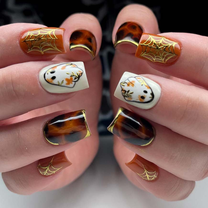 24pcs/Set Ghost Gold Spider Web Press On Nails