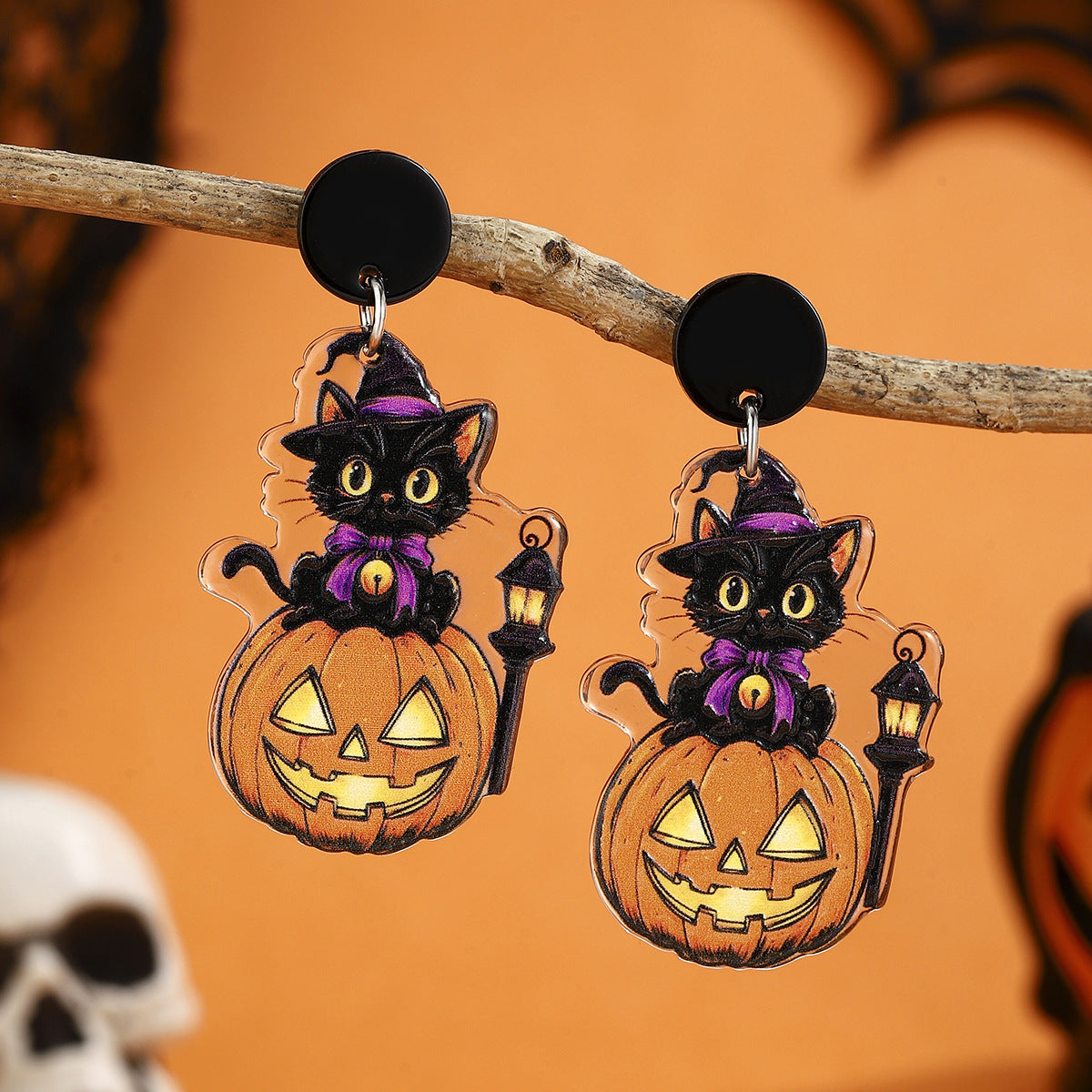 Black Cat Pumpkin Lantern Stud Earrings