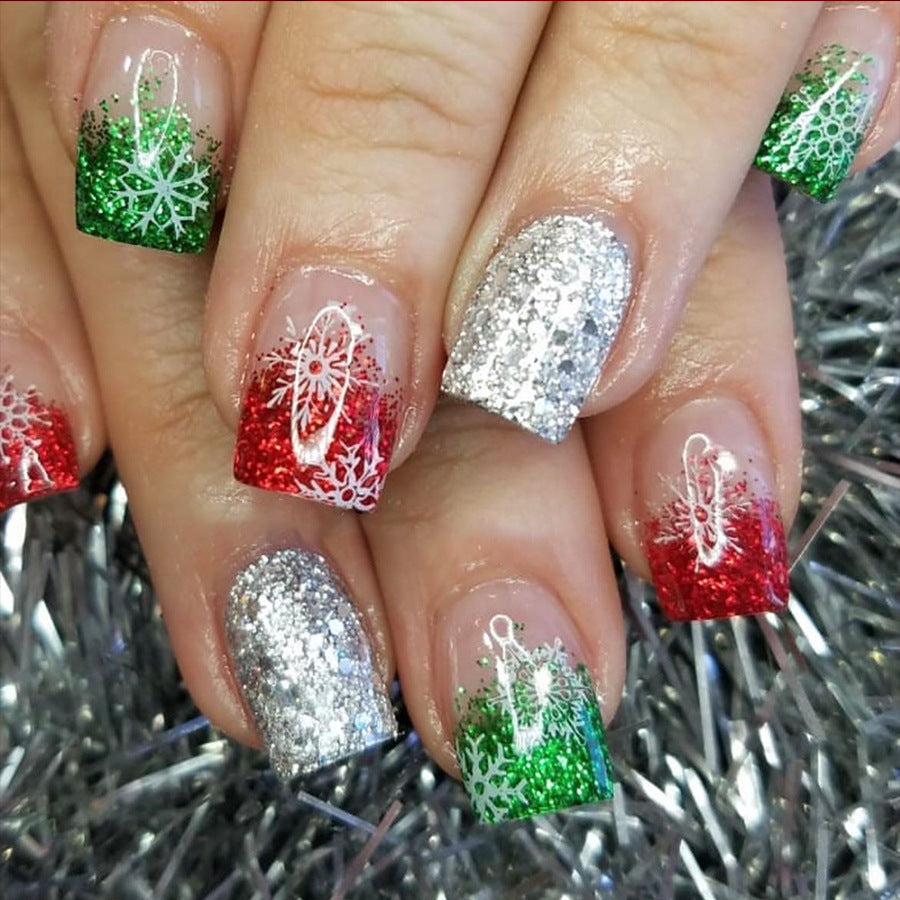 24pcs/Set Silver Glitter with White Snowflakes Press On Nails