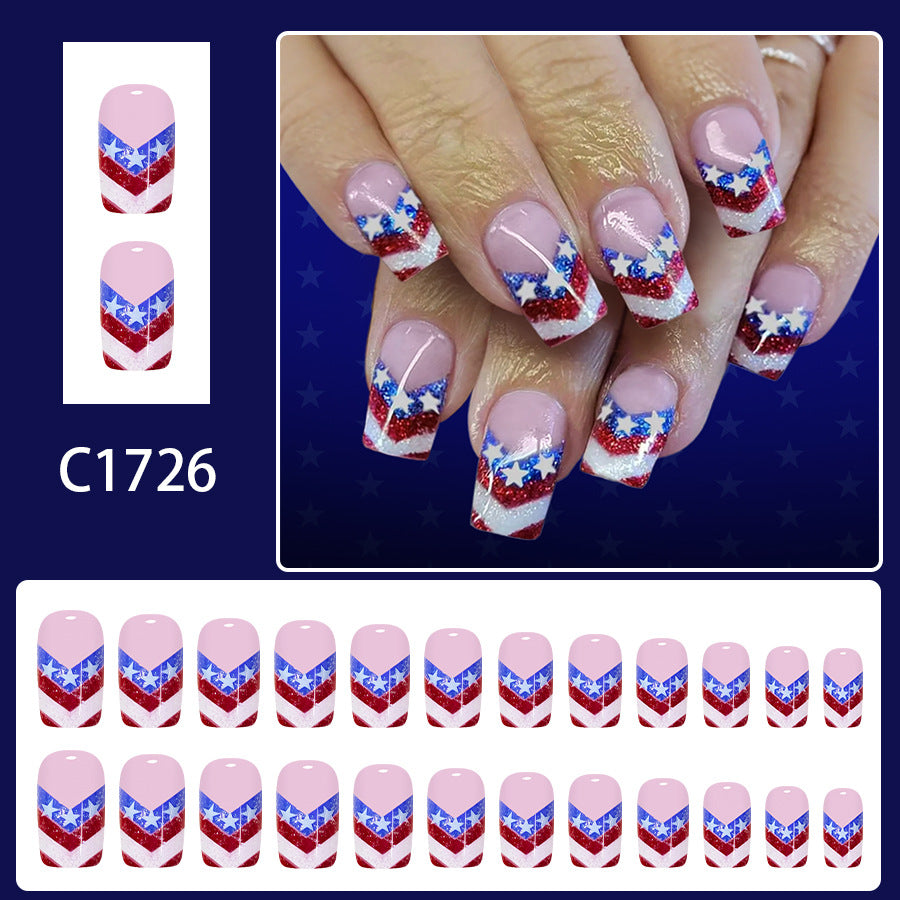 24pcs/Set French Tip American Flag Stars Press-On Nails