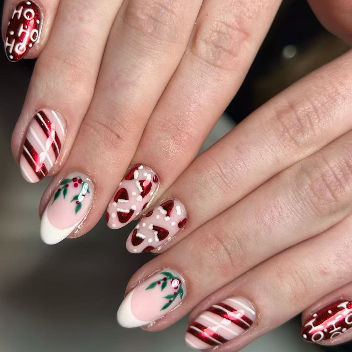 24pcs/Set Holly Berry French Tips Press On Nails