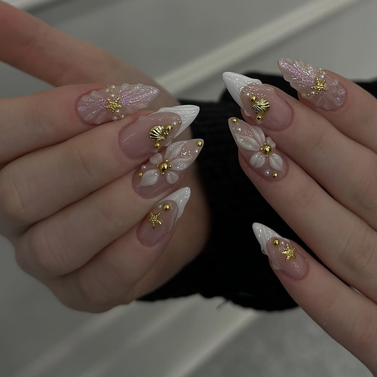 24pcs/Set 3D Flower French Tip White Press-On Nails