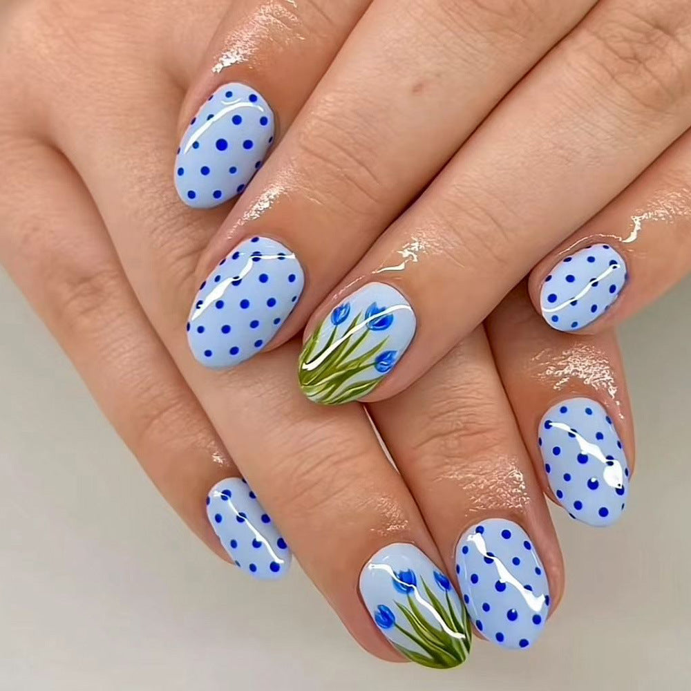 24pcs/Set Countryside Polka Dot Tulip Press-On Nails