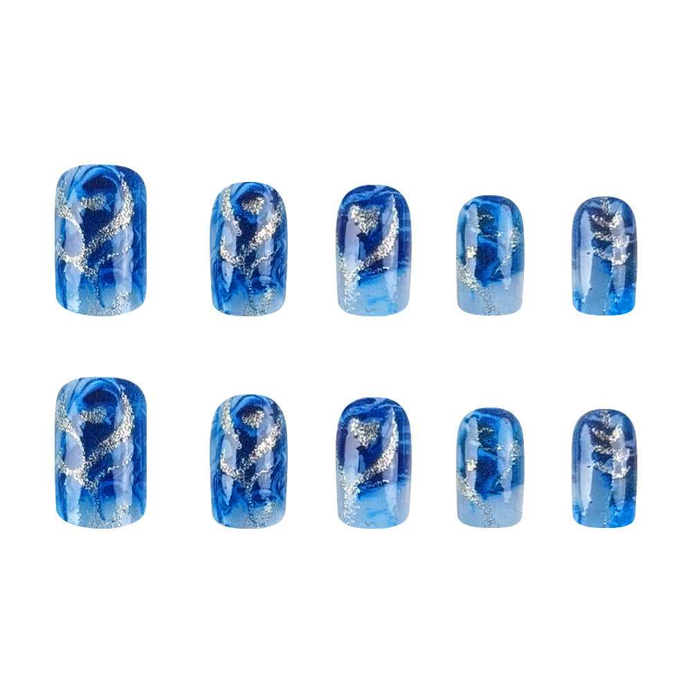 24pcs/Set Glitter Heart Blue Press-On Nails