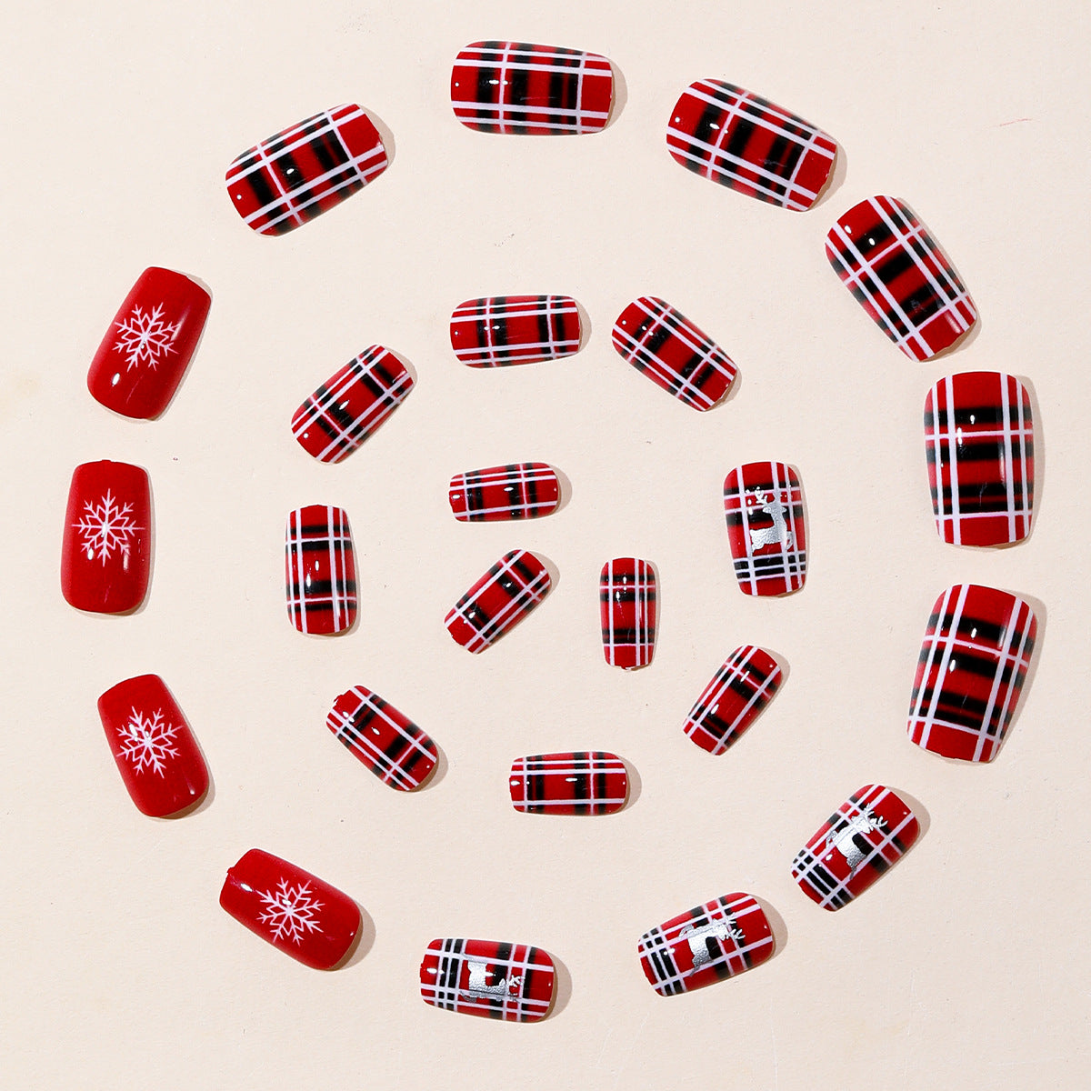 24pcs/Set Red Plaid Snowflakes Press-On Nails