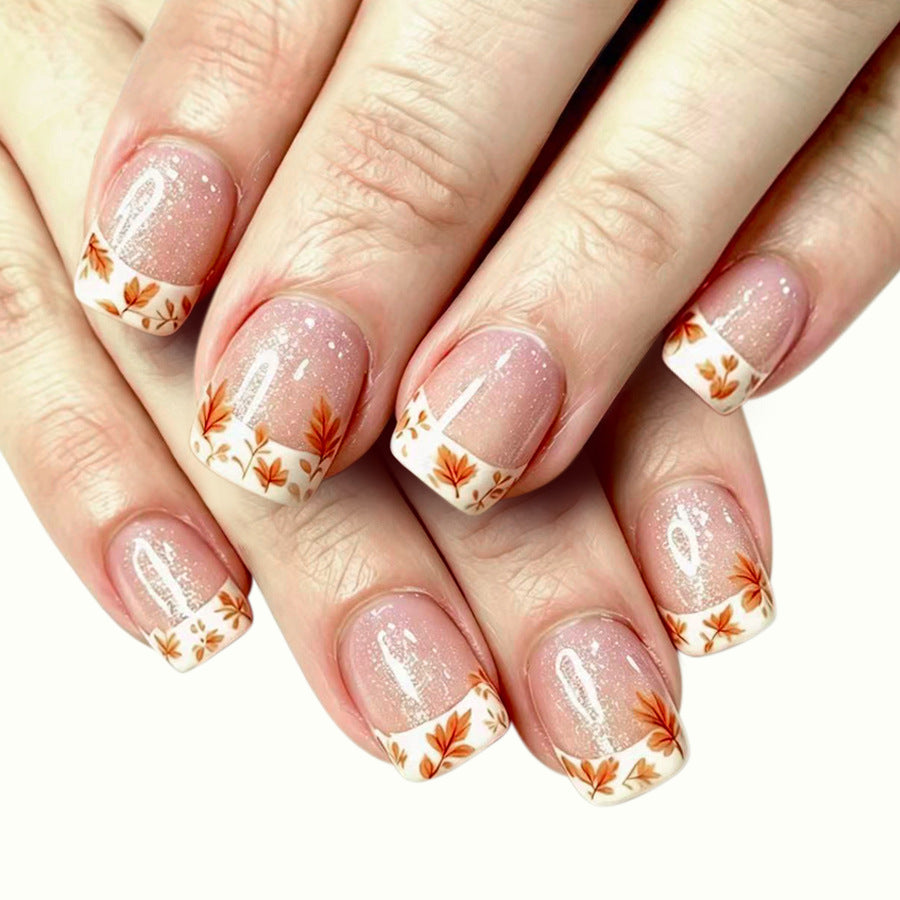24pcs/Set White French Tip with Maple Leaves Press On Nails