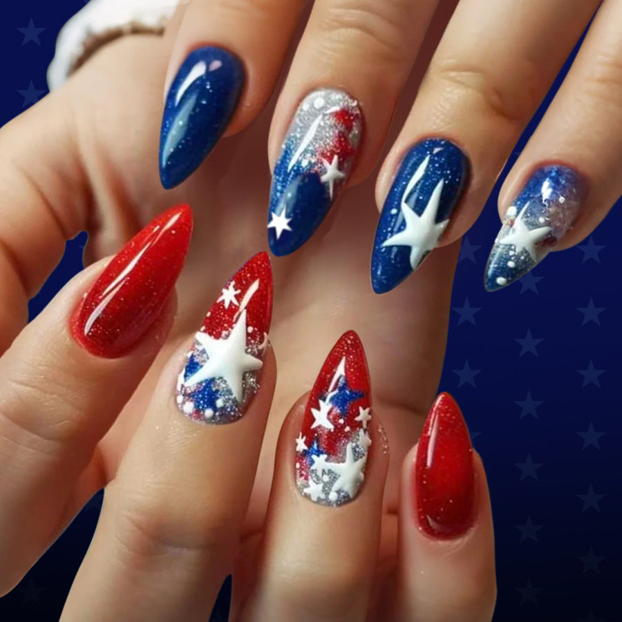24pcs/Set Red and Blue Color-Block Glitter Stars Press-On Nails