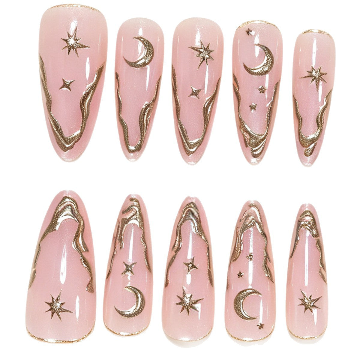30pcs/Set Gold-Trimmed Irregular French Moon & Stars Press On Nails
