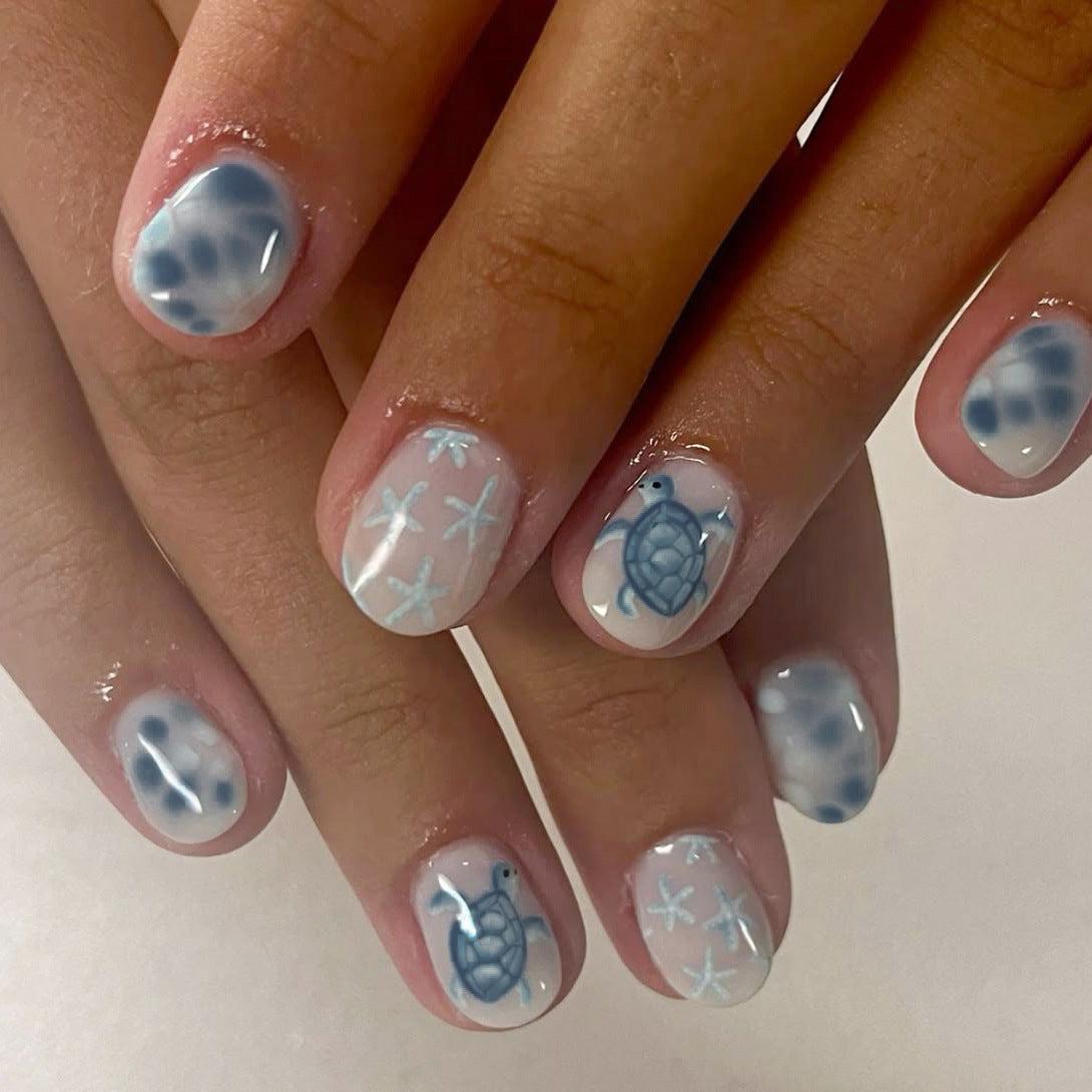 24pcs/Set White Sea Turtle & Starfish Press-On Nails
