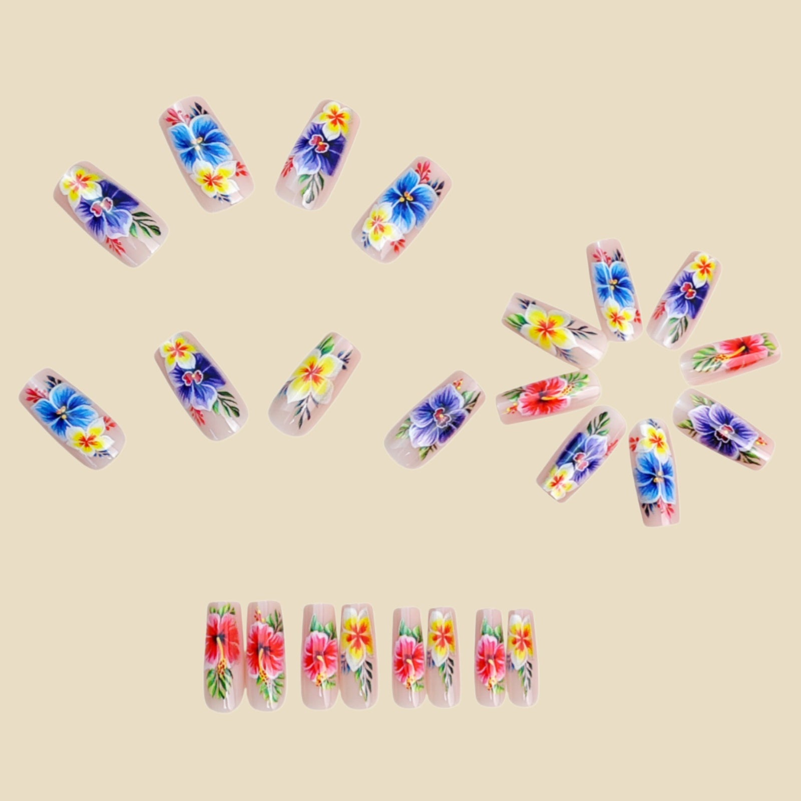 24pcs/Set Hibiscus & Plumeria Floral Press-On Nails