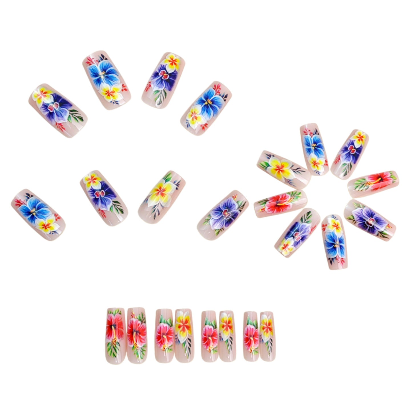 24pcs/Set Hibiscus & Plumeria Floral Press-On Nails