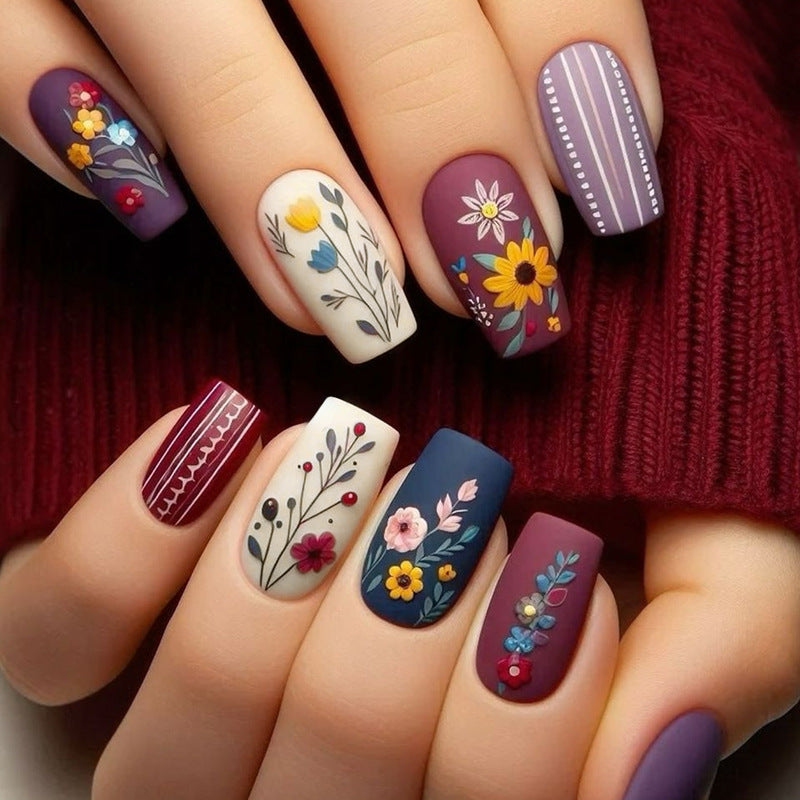 24pcs/Set Vintage Matte Floral Striped Press-On Nails