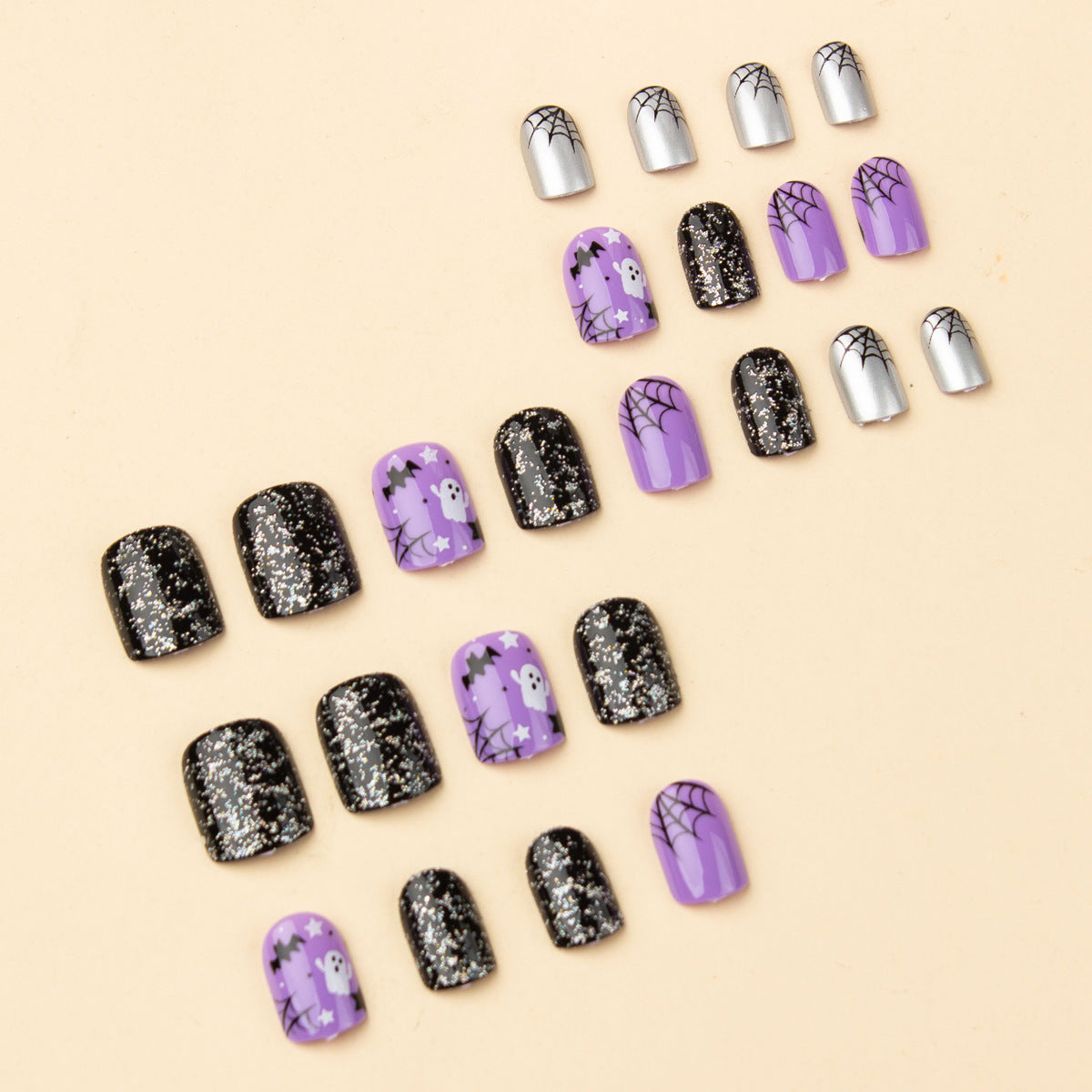 24pcs/Set Lavender Bat, Ghost & Spiderweb Press On Nails