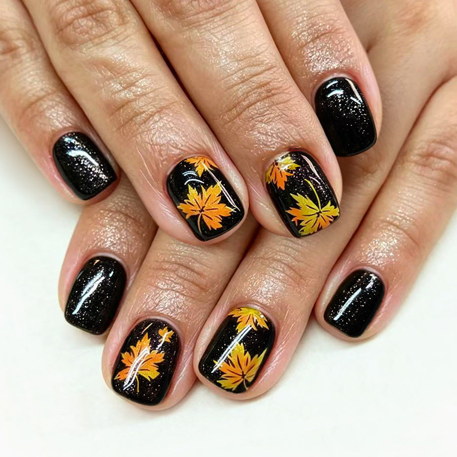 24pcs/Set Black Glitter Maple Leaves Press On Nails
