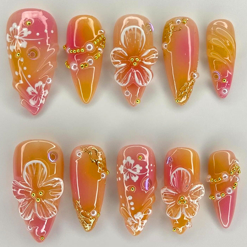24pcs/Set Pink & Orange Ombre 3D Flower Press-On Nails