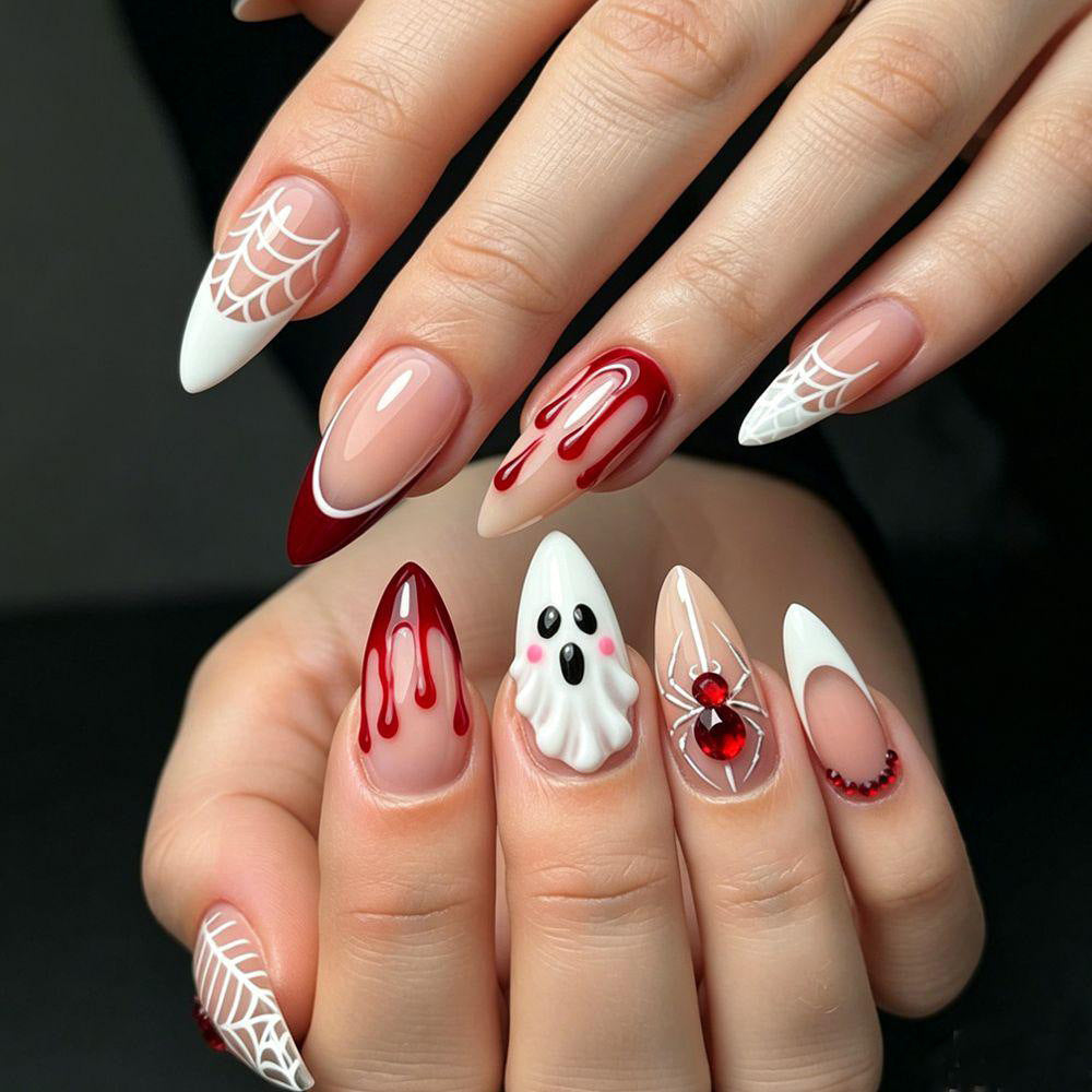 30pcs/Set Ghost & Red Spider French Press On Nails