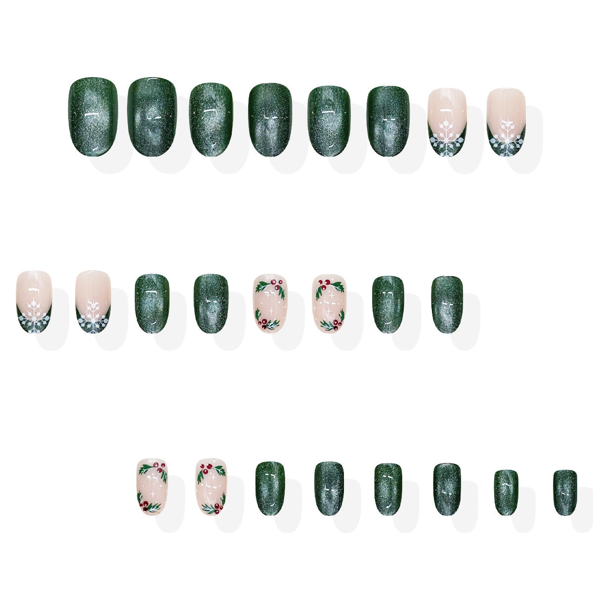 24pcs/Set Green Cat Eye French Snowflake Press On Nails