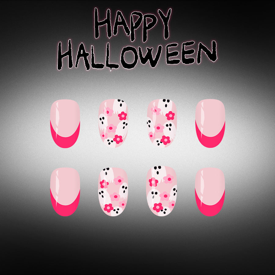 24pcs/Set Hot Pink French Ghost Floral Press-On Nails