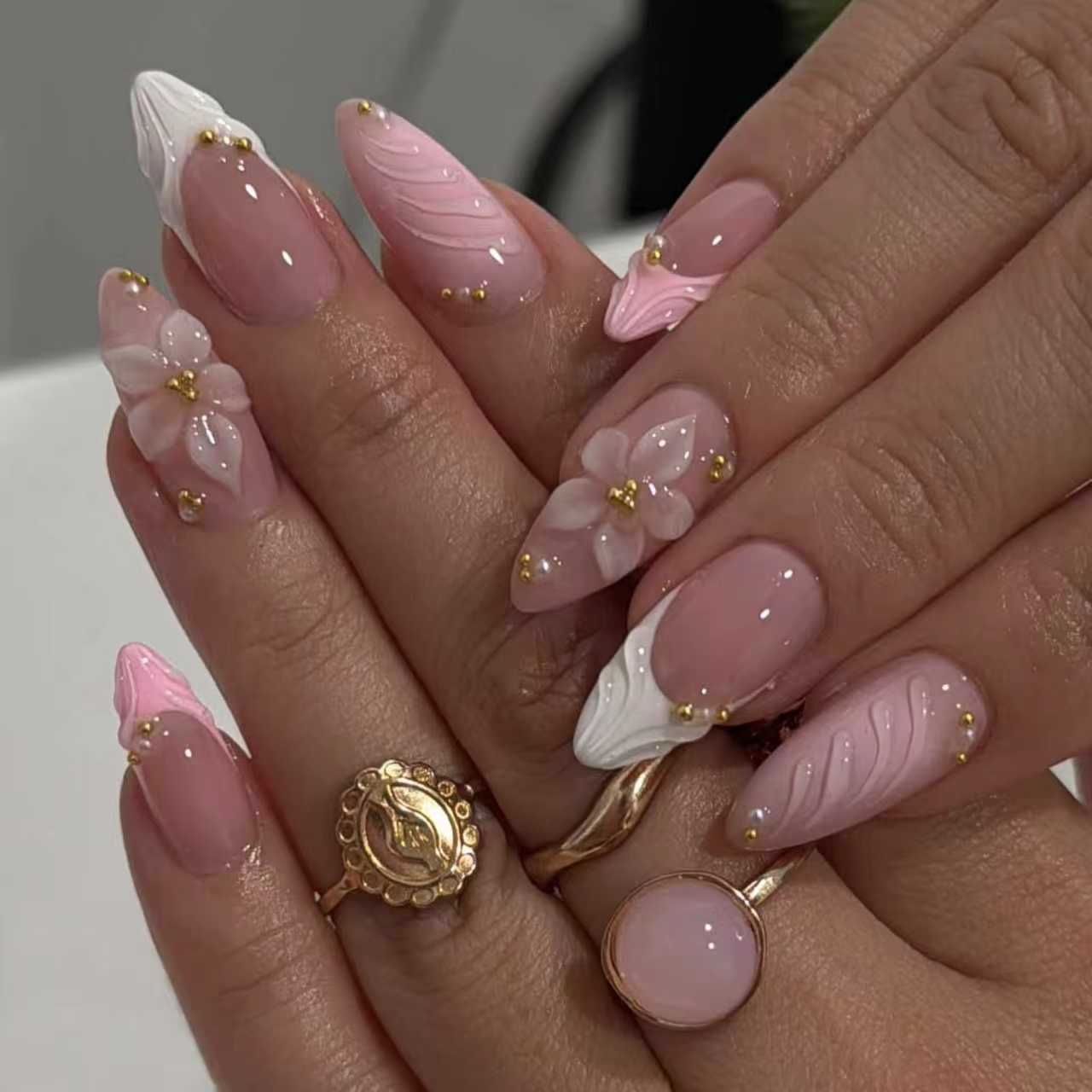 24pcs/Set French Tip 3D Floral Press-On Nails