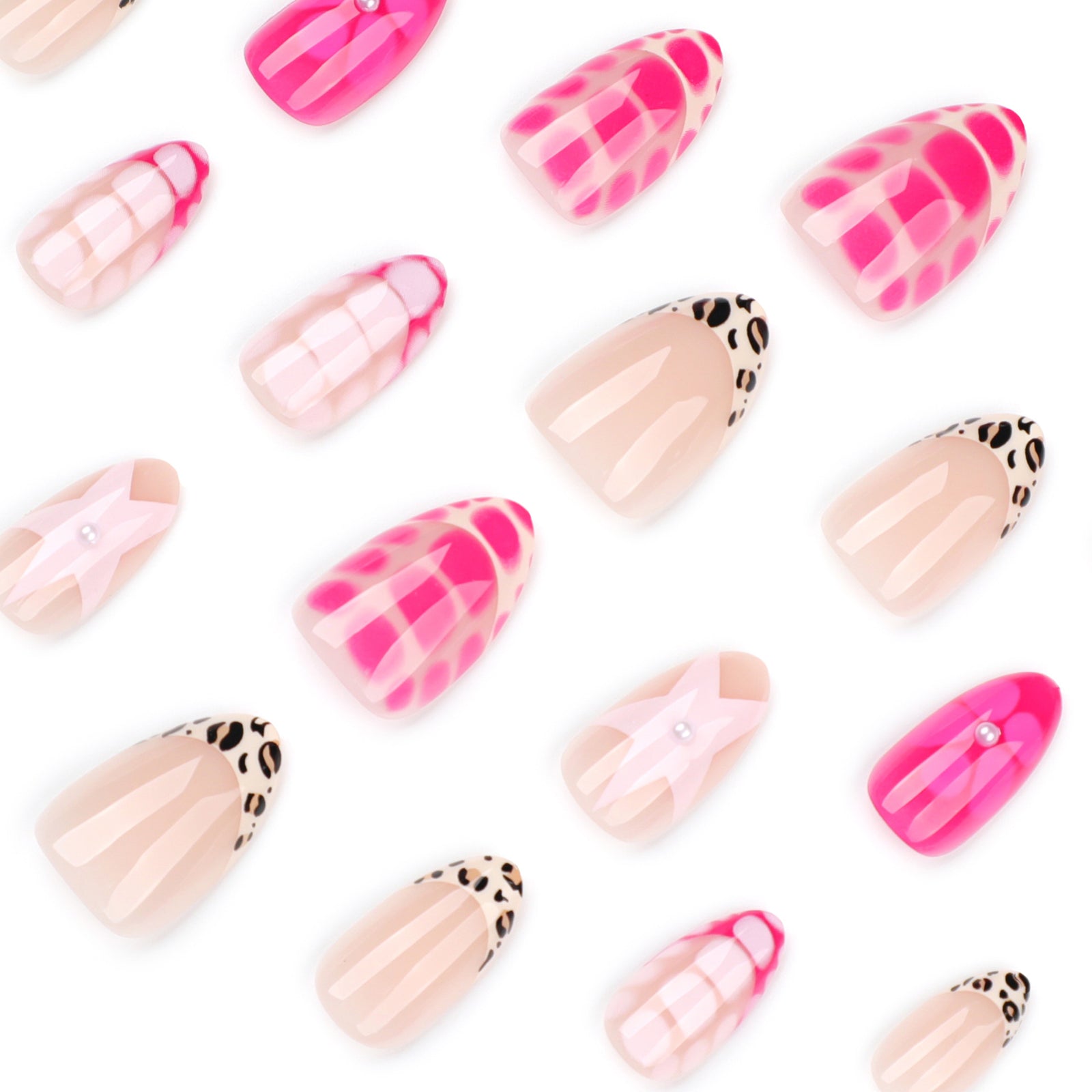 24pcs/Set Hot Pink French Tip Floral Star Press-On Nails
