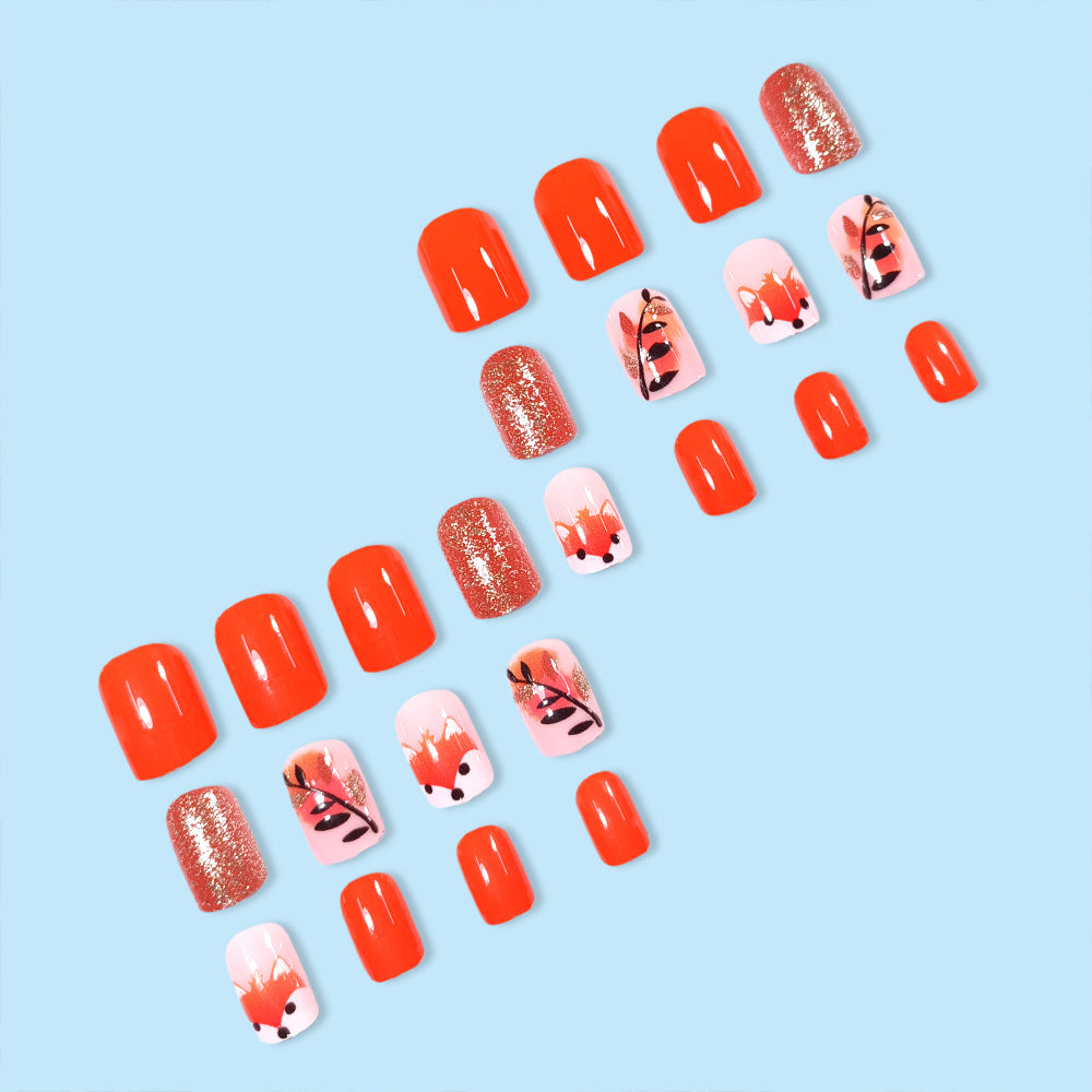 24pcs/Set Autumn Orange & Pink Fox Branches Press On Nails