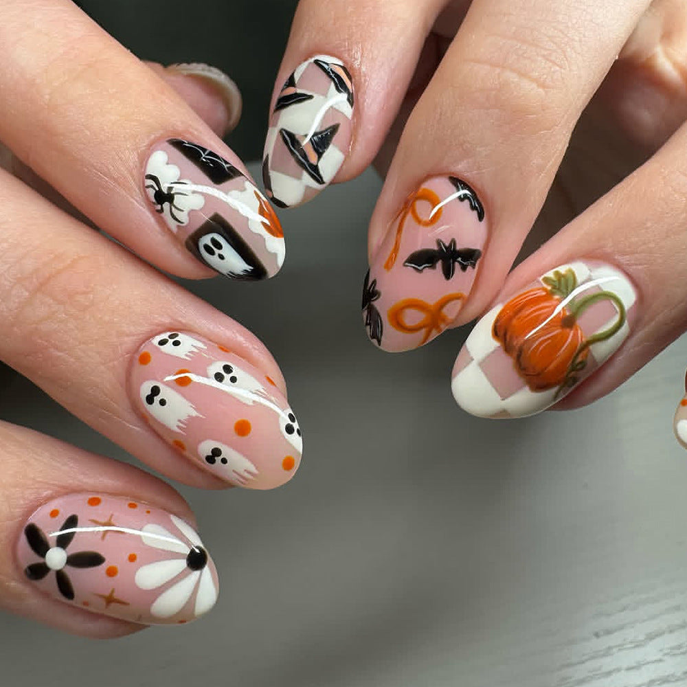 24pcs/Set Ghost, Bow, Bat & Pumpkin Press On Nails