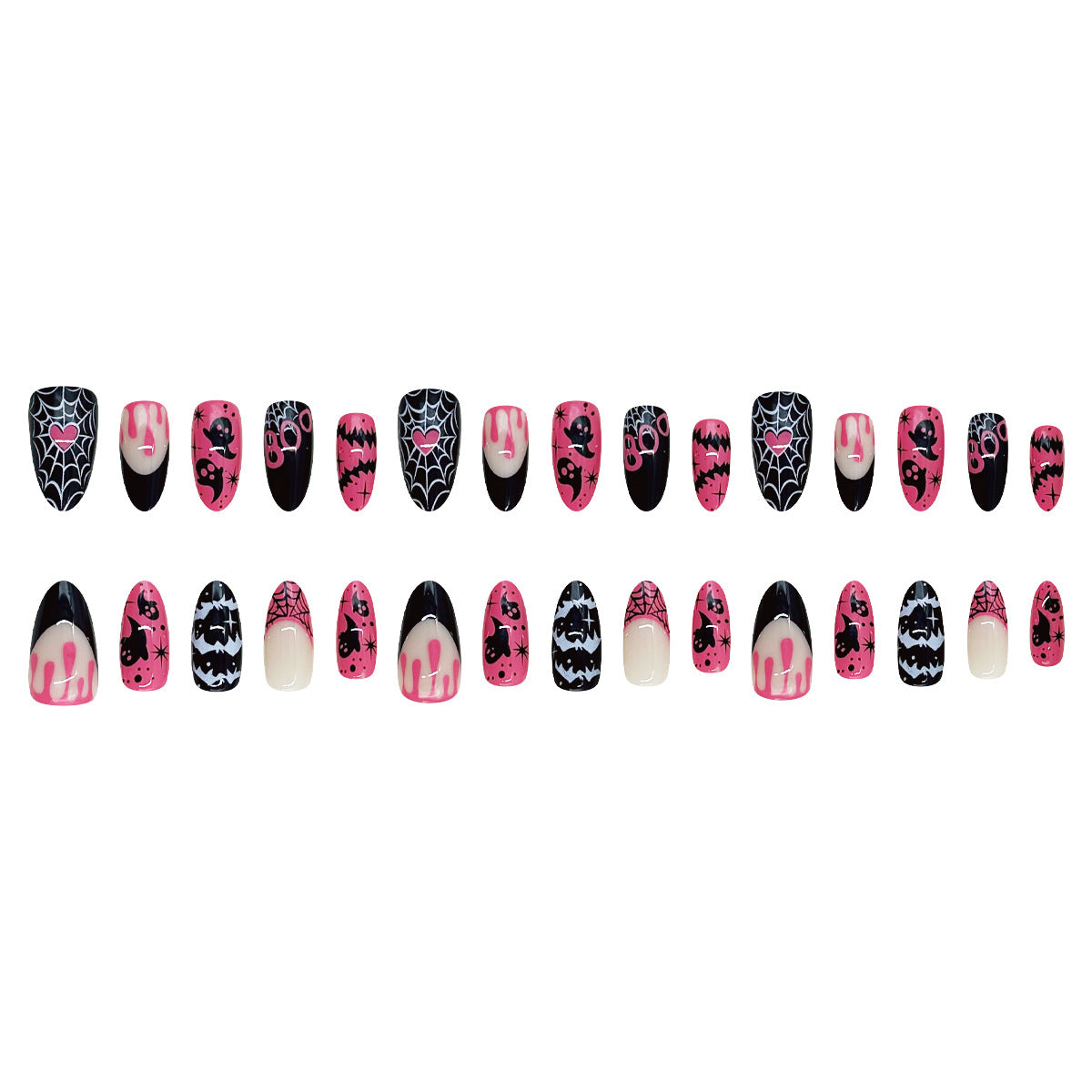 24pcs/Set Pink & Black Mismatched Ghost Bat Spider Web Press On Nails