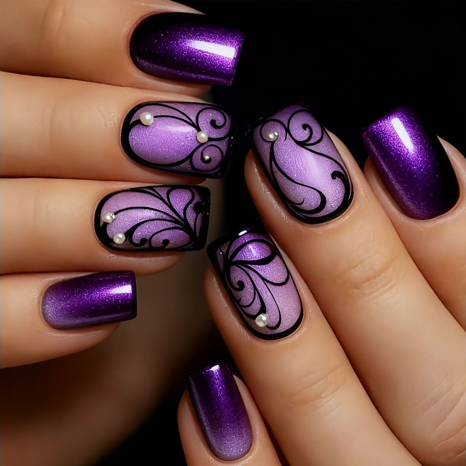 24pcs/Set Purple Glitter Floral Press-On Nails