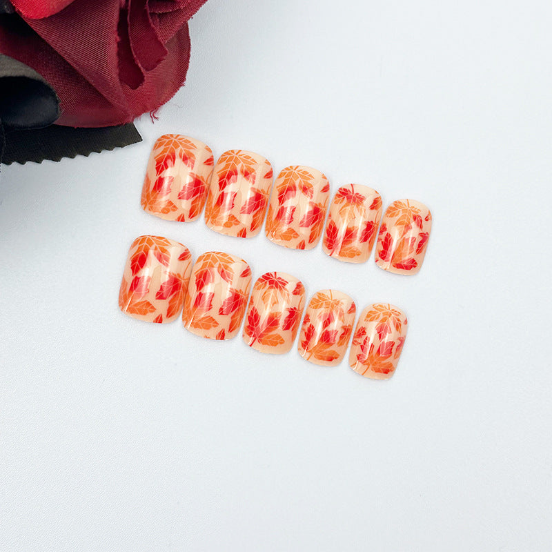 24pcs/Set Red Ombre Maple Leaves Press On Nails