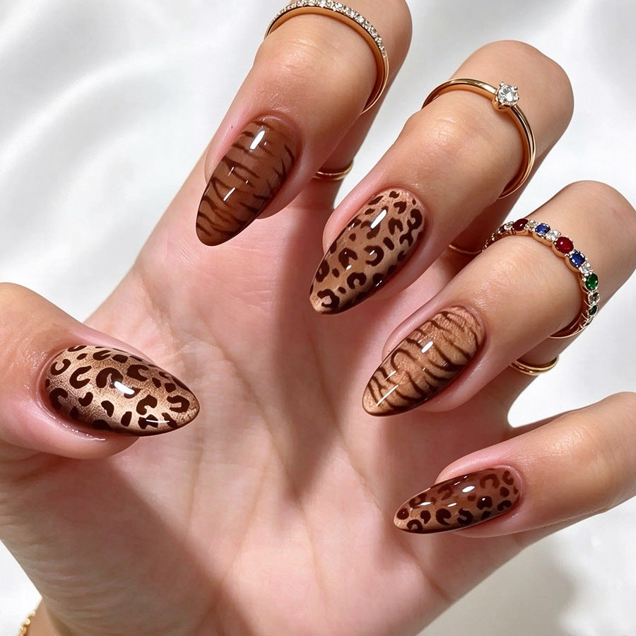 30pcs/Set Brown Leopard Print Cat Eye Press-On Nails