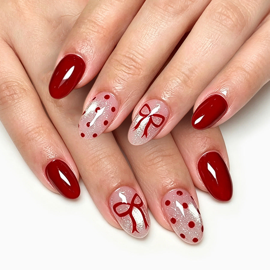 24pcs/Set Burgundy Polka Dot Bow Press-On Nails