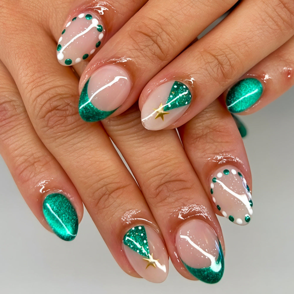 24pcs/Set Green Cat Eye Christmas Tree French Press-On Nails