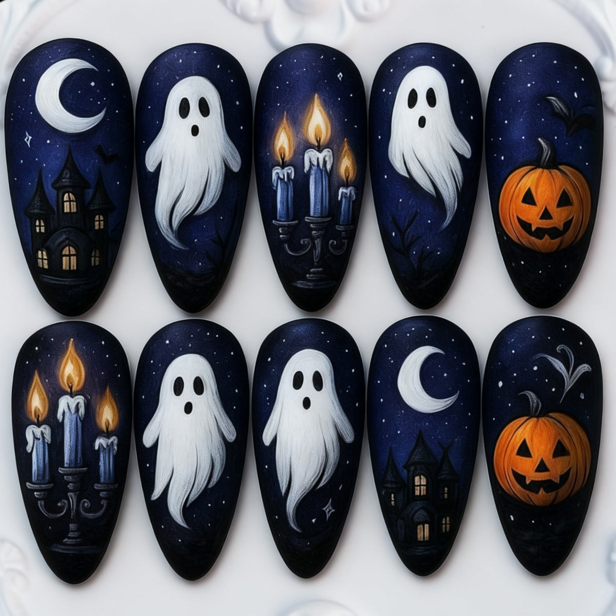 30pcs/Set Ghost, Haunted Castle, Moon & Candles Press On Nails