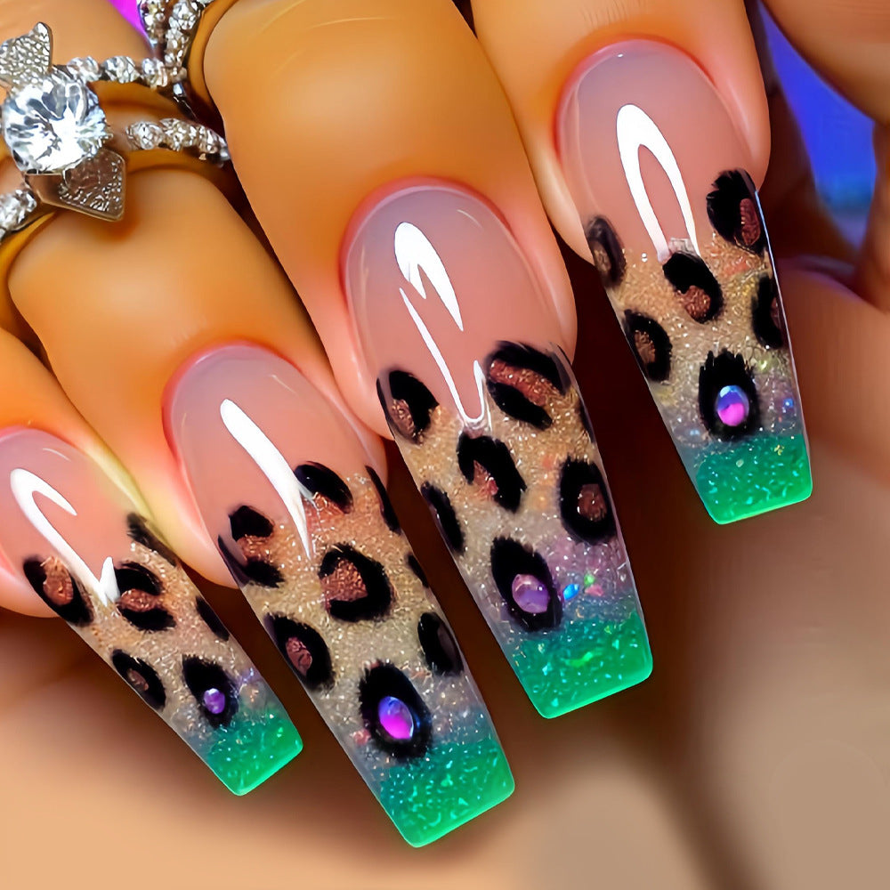 24pcs/Set Green Leopard Print Ombre Press-On Nails