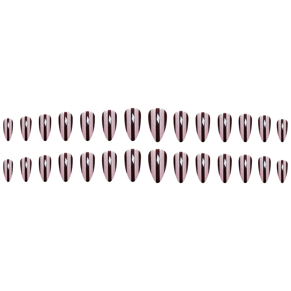 28pcs/Set Vintage Burgundy Striped Cat Eye Press-On Nails