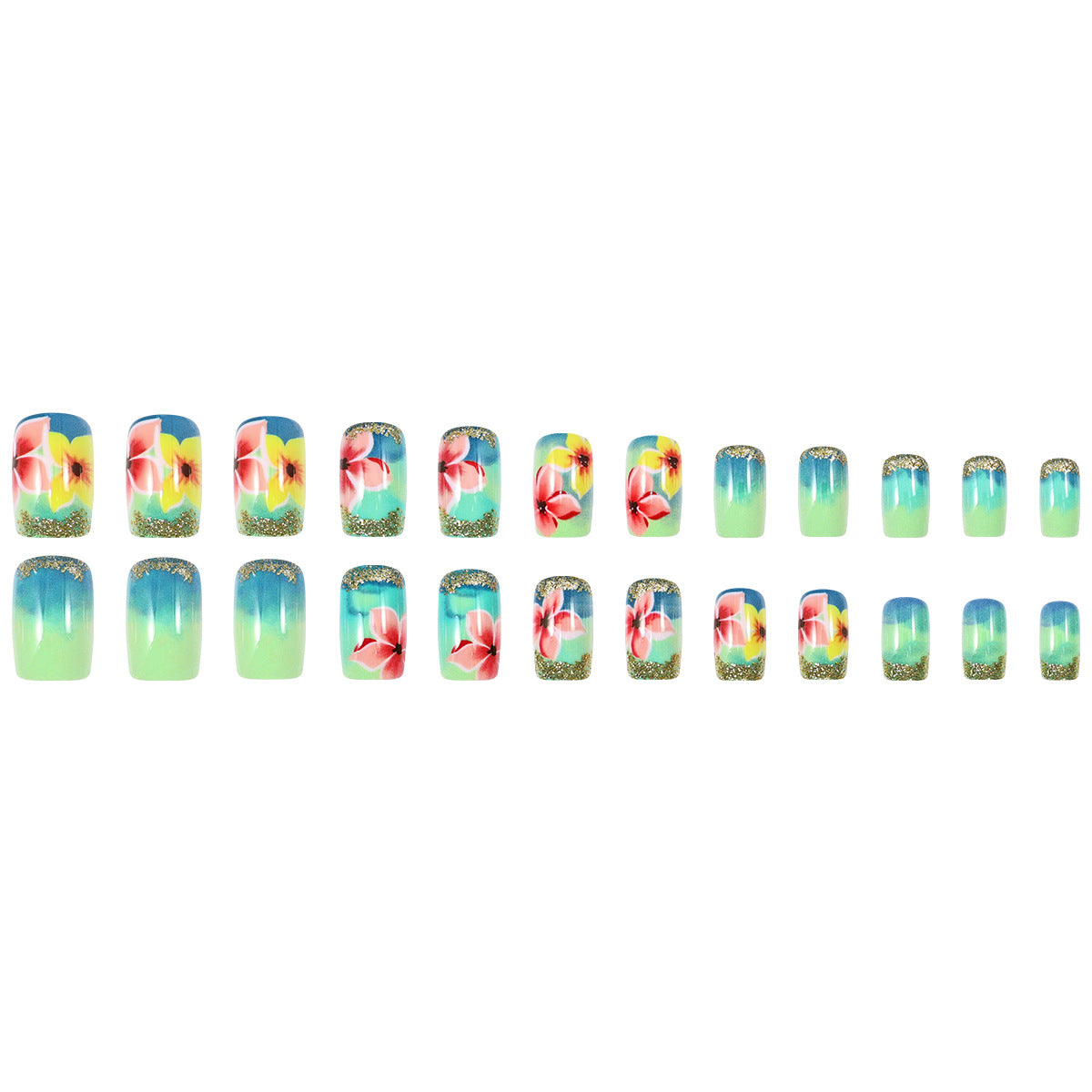 24pcs/Set Lake Blue Pink & Yellow Floral Press On Toe Nails