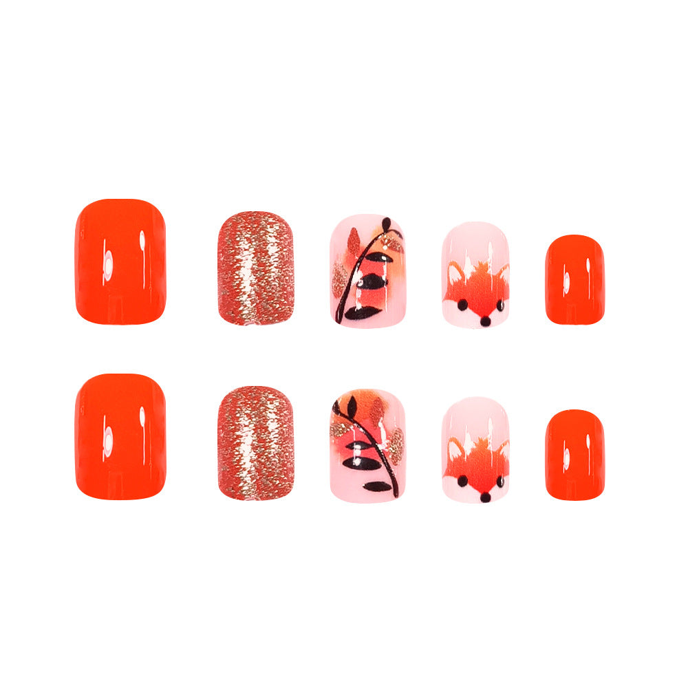 24pcs/Set Autumn Orange & Pink Fox Branches Press On Nails