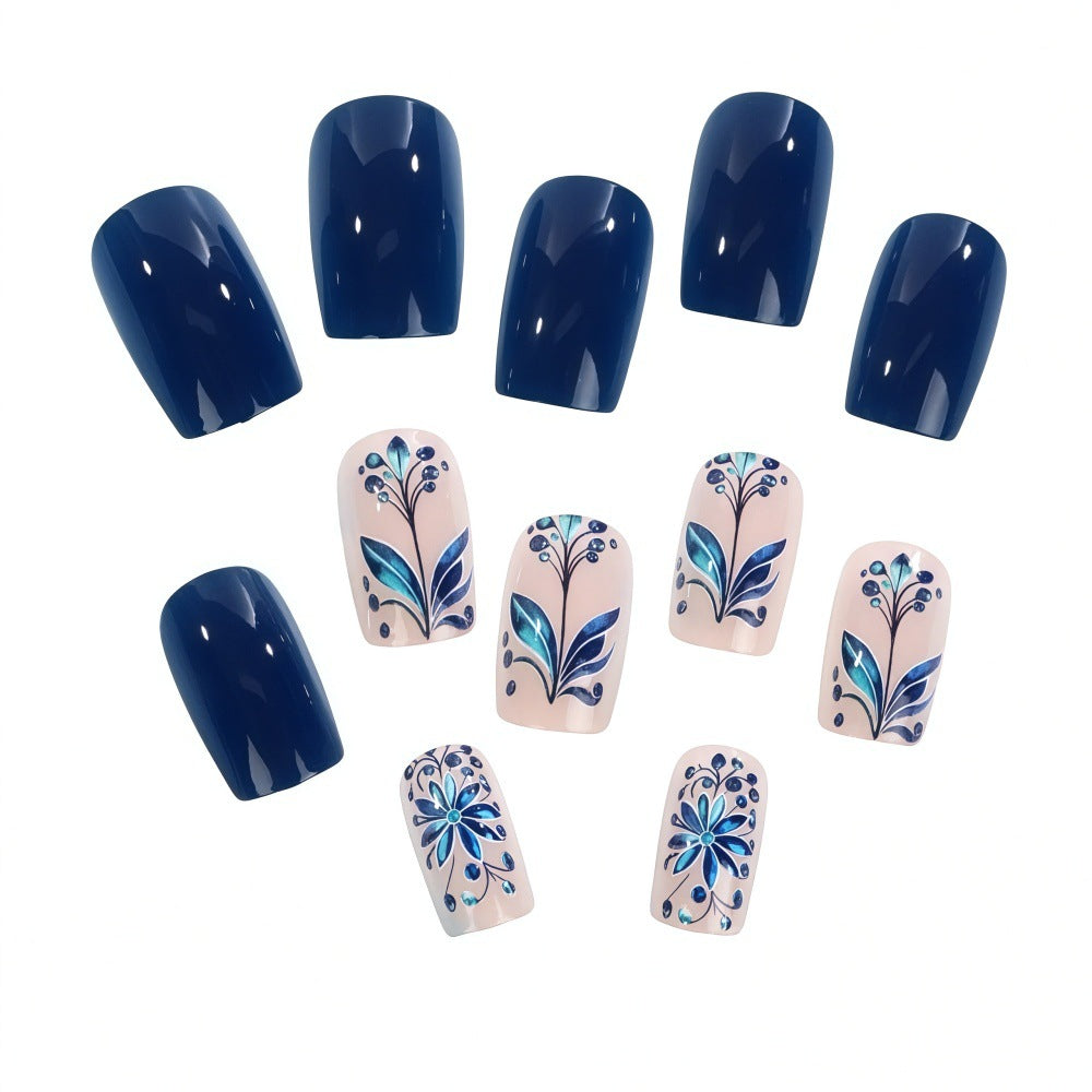 24pcs/Set Royal Blue Floral Press-On Nails