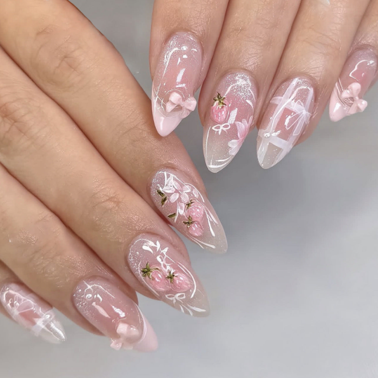 24pcs/Set Pink Floral French Press On Nails