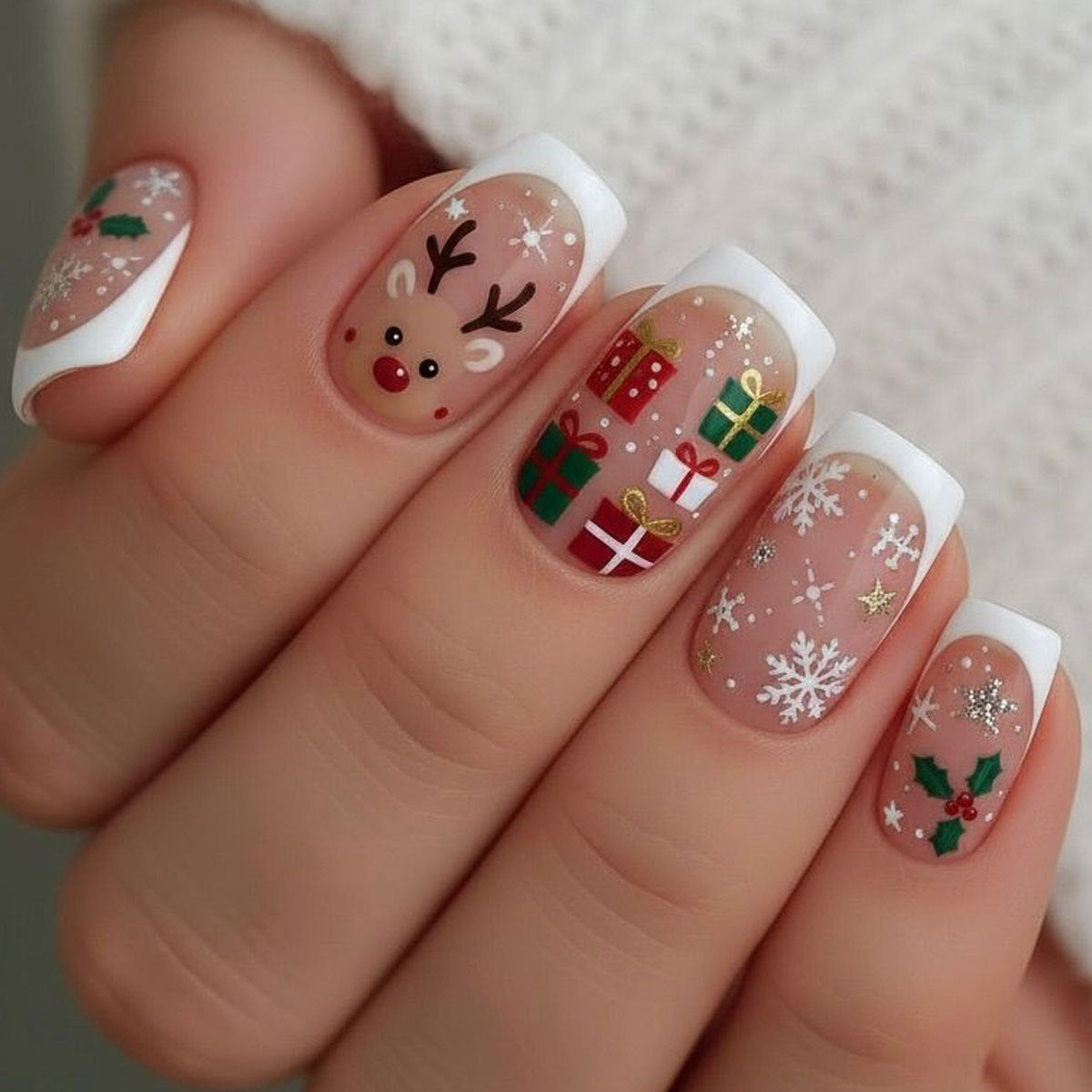 24pcs/Set White French Tips with Reindeer & Snowflakes Press-On Nails