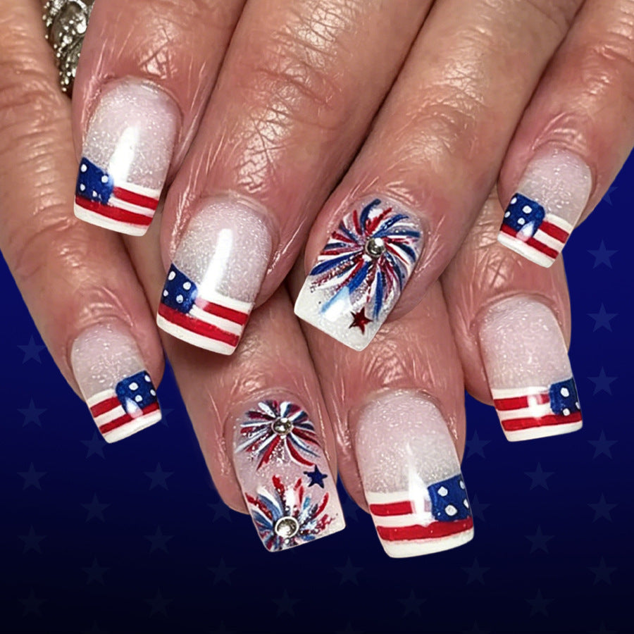 24pcs/Set Flag & Fireworks French Press-On Nails