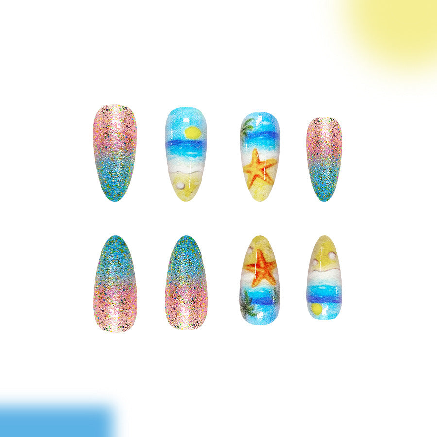 24pcs/Set Blue Gradient Glitter Starfish Press-On Nails