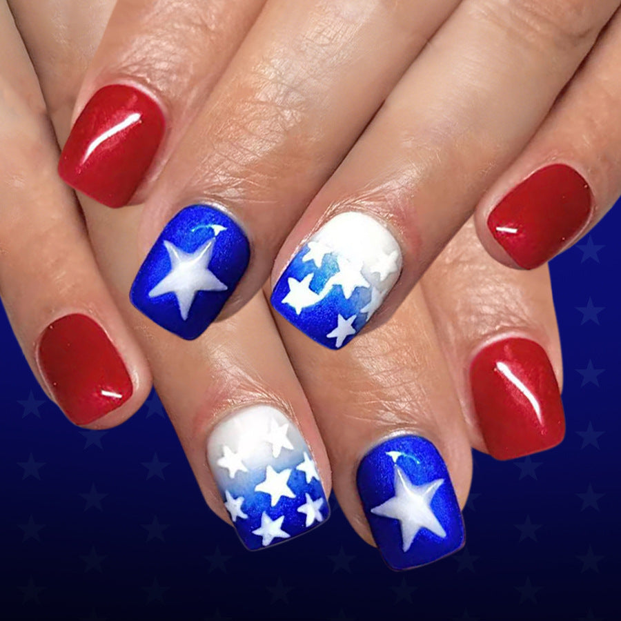 24pcs/Set Blue Gradient French Tips with Stars Press-On Nails