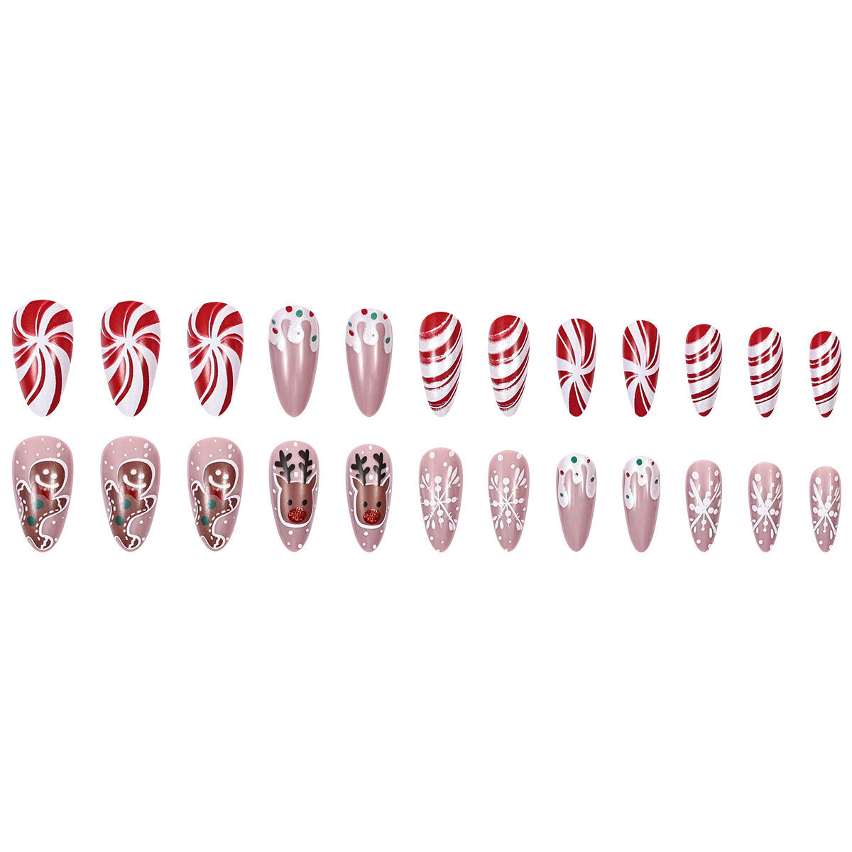 24pcs/Set Plaid Gingerbread Reindeer Snowflakes Press On Nails