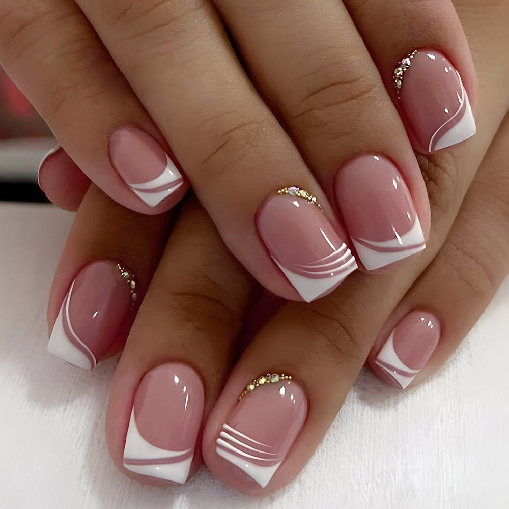24pcs/Set Minimalist French with Crystal Press On Nails
