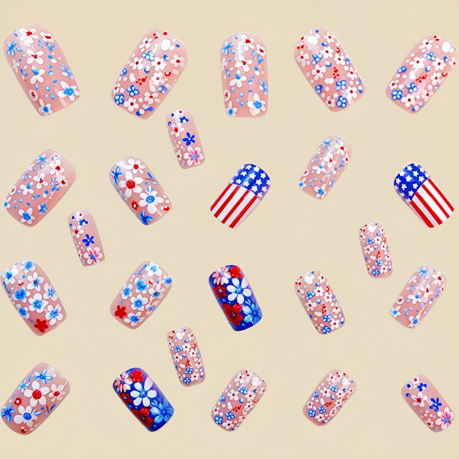24pcs/Set Blue Floral Stripes & Stars Press-On Nails