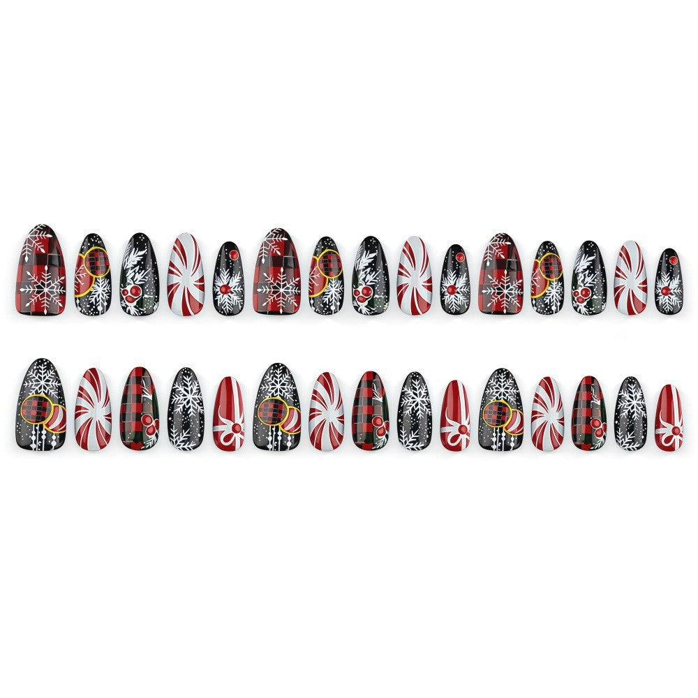 30pcs/Set Vintage Red & Black Plaid Candy Cane Snowflakes Press On Nails