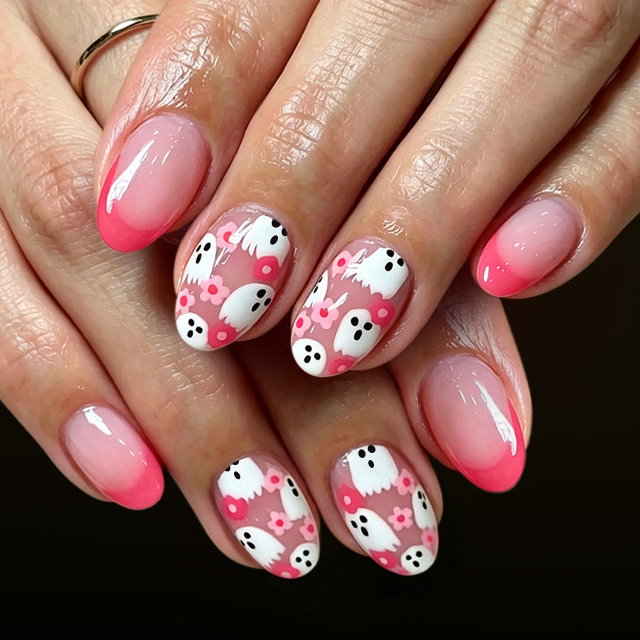 24pcs/Set Hot Pink French Ghost Floral Press-On Nails