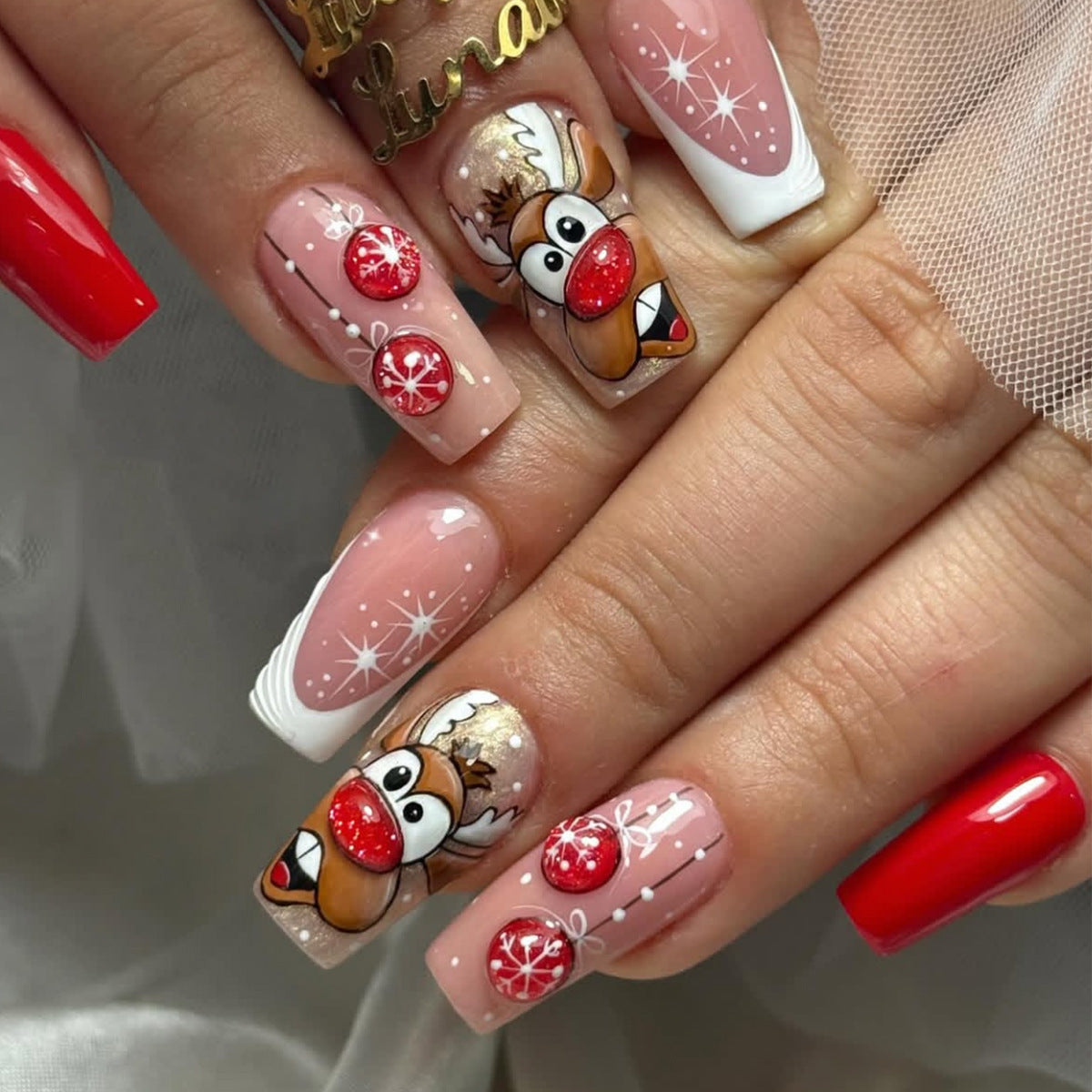 24pcs/Set White French Tips with Reindeer Press-On Nails